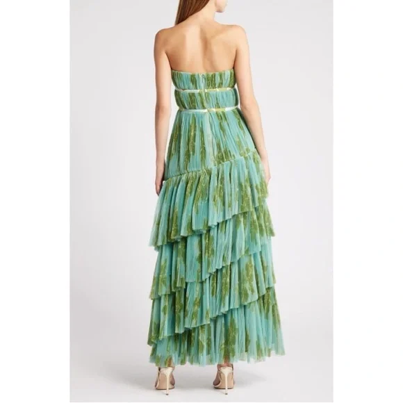 anthropologie green tulle dress Mac Duggal A-Line Deep-V Ruffled Tulle Midi Dress